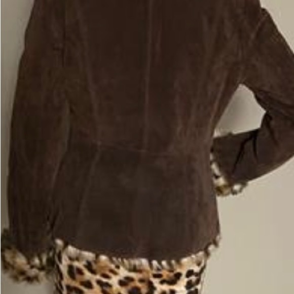 Guess Brown Leather Jacket with Animal Print Trim - Picture 10 of 12